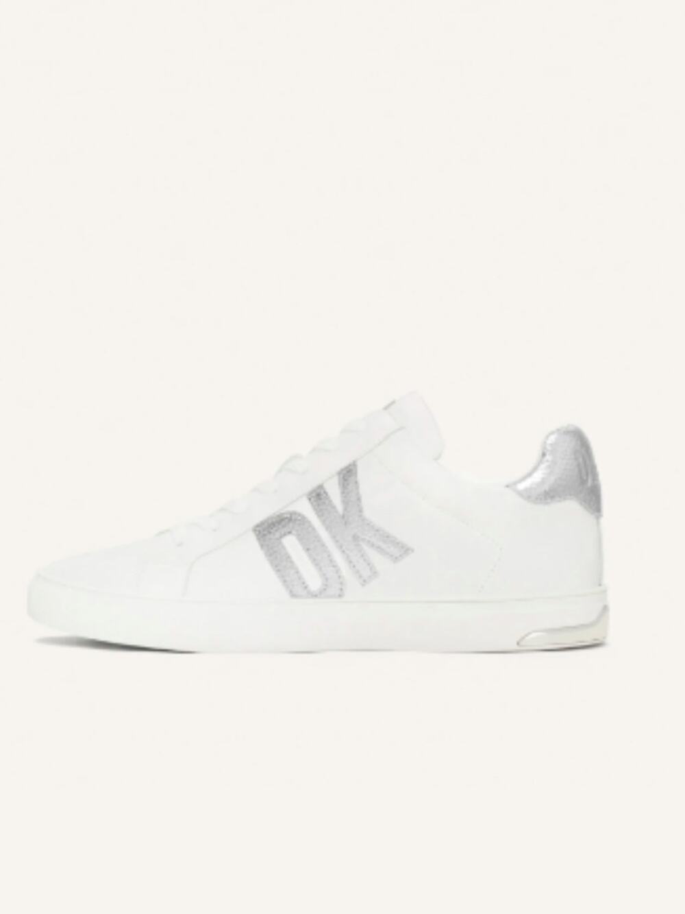 DKNY Abeni Logo Low Top lace up leather sneakers white silver NEW - 9.5